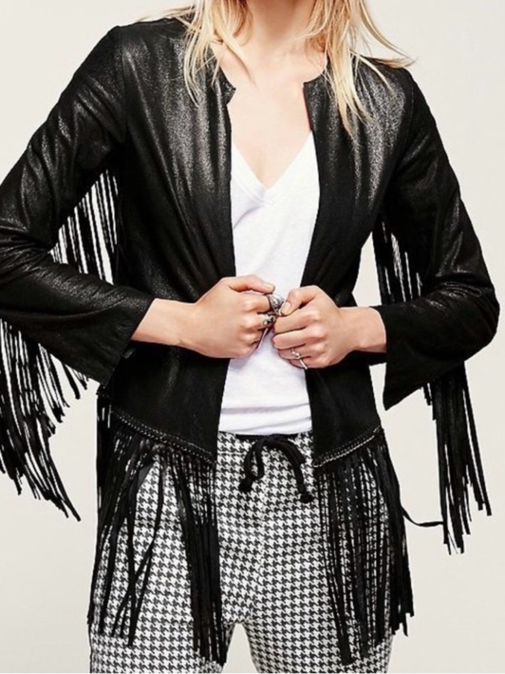 Cleobella Fringed Black Women's leather - Stylish Open Front Coat